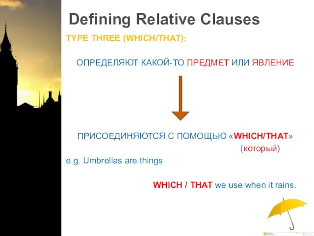 Defining Relative Clauses TYPE THREE (WHICH/THAT): ОПРЕДЕЛЯЮТ КАКОЙ-ТО ПРЕДМЕТ ИЛИ ЯВЛЕНИЕ ПРИСОЕДИНЯЮТСЯ