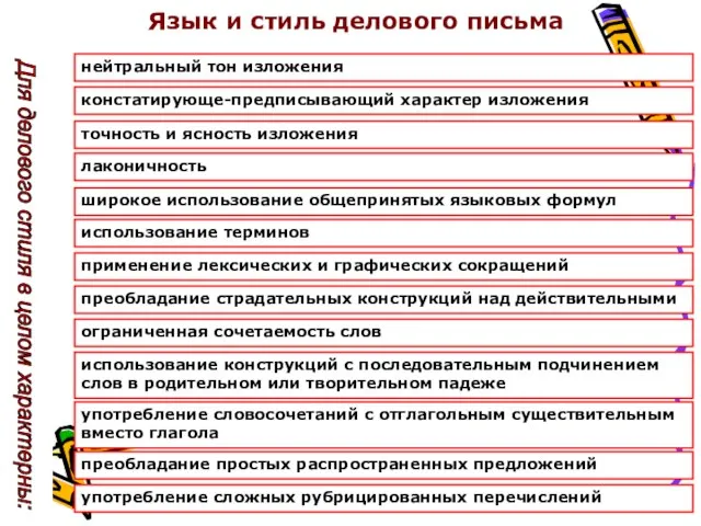 Язык и стиль делового письма нейтральный тон изложения констатирующе-предписывающий характер изложения точность