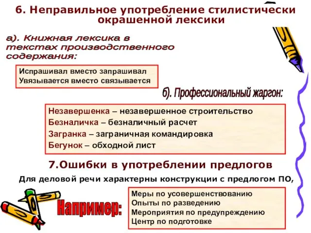 6. Неправильное употребление стилистически окрашенной лексики Испрашивал вместо запрашивал Увязывается вместо связывается