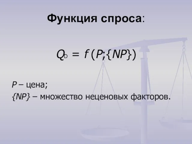 Функция спроса: QD = f (P;{NP}) P – цена; {NP} – множество неценовых факторов.