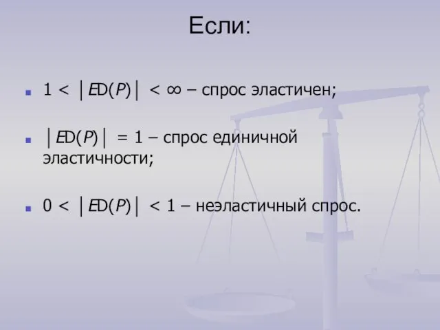 Если: 1 │ED(P)│ = 1 – спрос единичной эластичности; 0