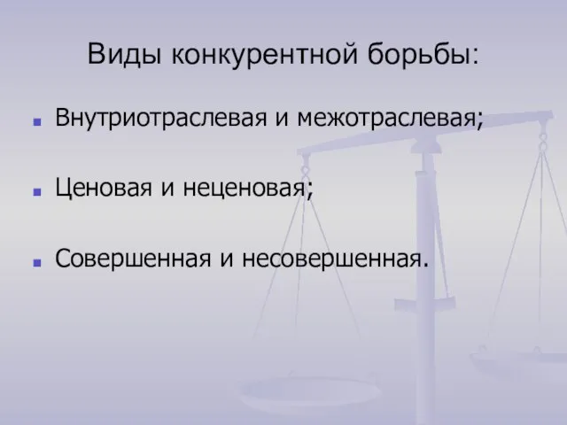 Виды конкурентной борьбы: Внутриотраслевая и межотраслевая; Ценовая и неценовая; Совершенная и несовершенная.