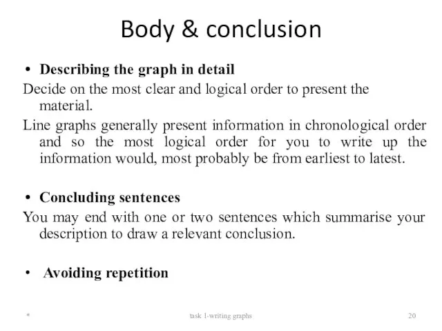 Body & conclusion Describing the graph in detail Decide on the most