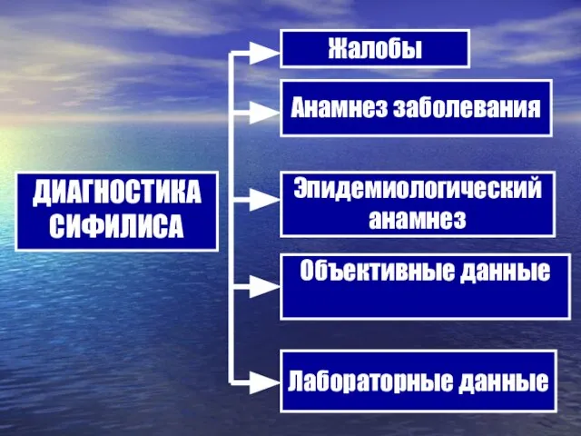 ДИАГНОСТИКА СИФИЛИСА Жалобы Анамнез заболевания Эпидемиологический анамнез Объективные данные Лабораторные данные