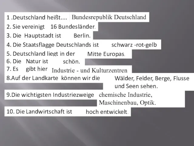 1 .Deutschland heißt.... 2. Sie vereinigt 3. Die Hauptstadt ist... 4. Die