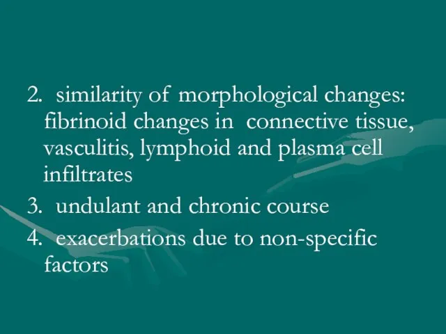 2. similarity of morphological changes: fibrinoid changes in connective tissue, vasculitis, lymphoid