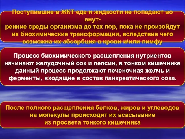 Поступившие в ЖКТ еда и жидкости не попадают во внут- ренние среды