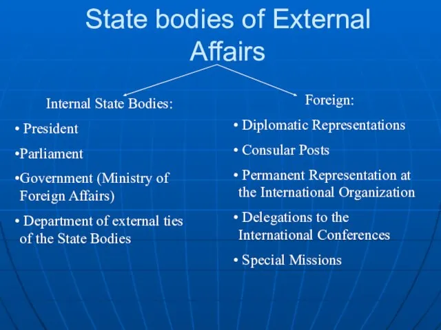 State bodies of External Affairs Internal State Bodies: President Parliament Government (Ministry