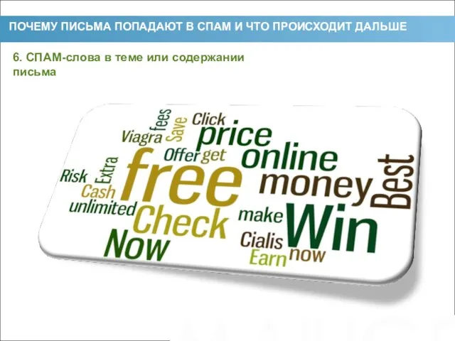 ПОЧЕМУ ПИСЬМА ПОПАДАЮТ В СПАМ И ЧТО ПРОИСХОДИТ ДАЛЬШЕ 6. СПАМ-слова в