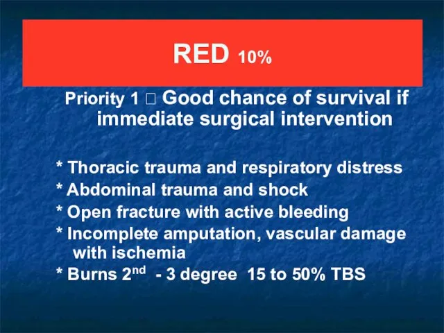 RED 10% Priority 1 ? Good chance of survival if immediate surgical