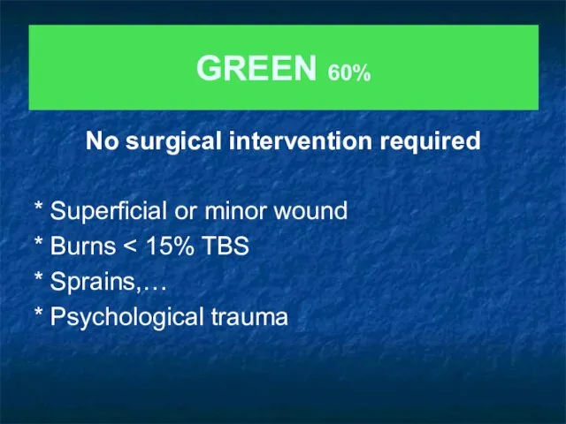 GREEN 60% No surgical intervention required * Superficial or minor wound *
