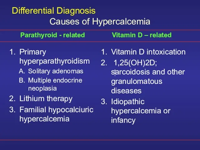 Differential Diagnosis Primary hyperparathyroidism Solitary adenomas Multiple endocrine neoplasia Lithium therapy Familial