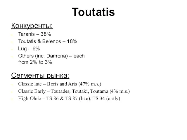 Toutatis Конкуренты: Taranis – 38% Toutatis & Belenos – 18% Lug –