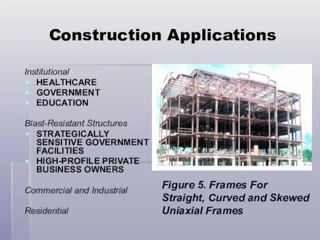 Construction Applications Institutional HEALTHCARE GOVERNMENT EDUCATION Blast-Resistant Structures STRATEGICALLY SENSITIVE GOVERNMENT FACILITIES