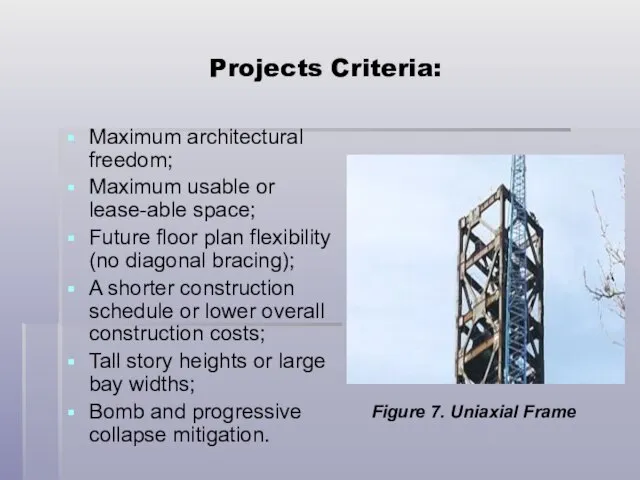 Projects Criteria: Maximum architectural freedom; Maximum usable or lease-able space; Future floor