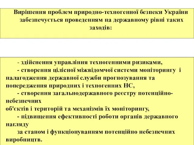 Вирішення проблем природно-техногенної безпеки України забезпечується проведенням на державному рівні таких заходів: