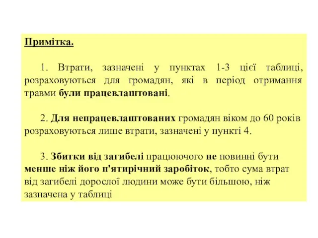 Примітка. 1. Втрати, зазначені у пунктах 1-3 цієї таблиці, розраховуються для громадян,