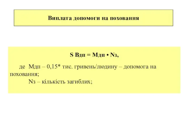 Виплата допомоги на поховання S Вдп = Мдп • Nз, де Мдп