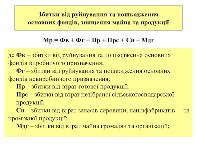 Збитки від руйнування та пошкодження основних фондів, знищення майна та продукції де