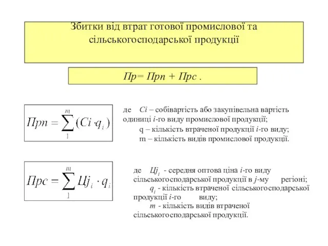 Збитки від втрат готової промислової та сільськогосподарської продукції Пр= Прп + Прс