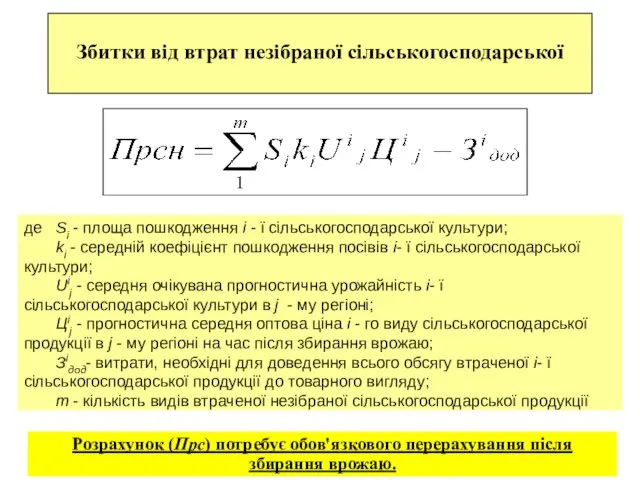 Збитки від втрат незібраної сільськогосподарської де Sі - площа пошкодження і -