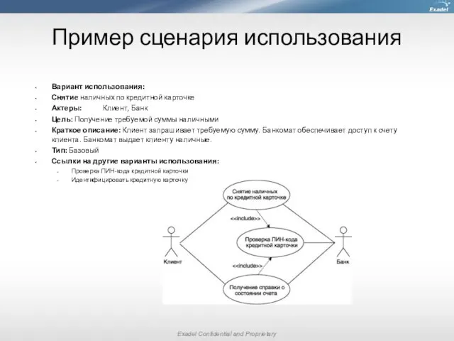 Пример сценария использования Вариант использования: Снятие наличных по кредитной карточке Актеры: Клиент,