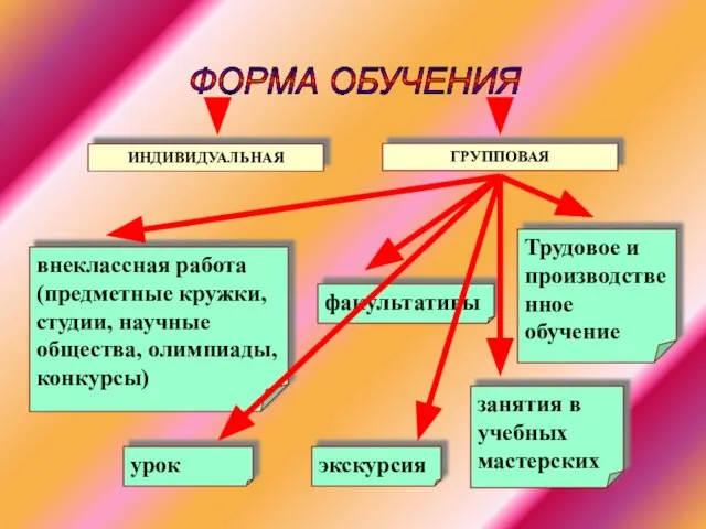 ФОРМА ОБУЧЕНИЯ ИНДИВИДУАЛЬНАЯ ГРУППОВАЯ внеклассная работа (предметные кружки, студии, научные общества, олимпиады,