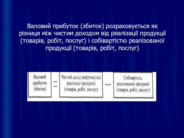 Валовий прибуток (збиток) розраховується як різниця між чистим доходом від реалізації продукції