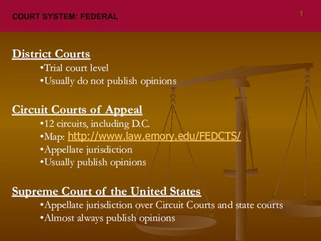 COURT SYSTEM: FEDERAL District Courts Trial court level Usually do not publish