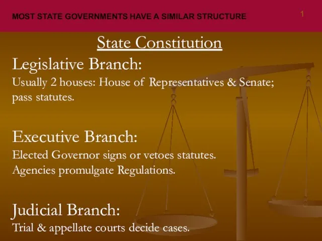 MOST STATE GOVERNMENTS HAVE A SIMILAR STRUCTURE State Constitution Legislative Branch: Usually