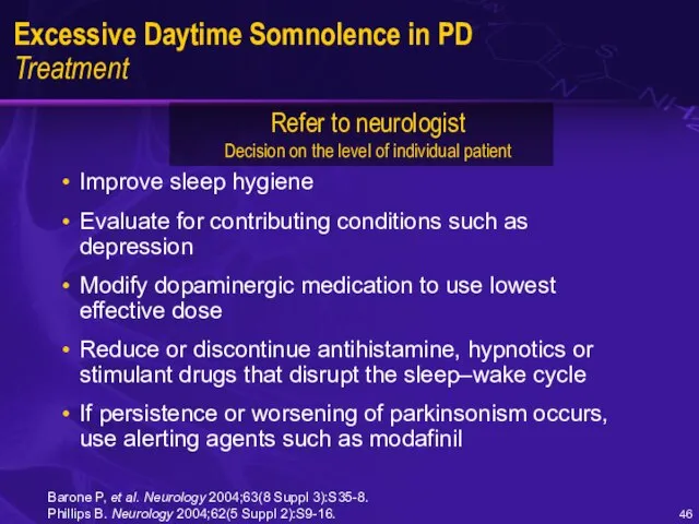 Excessive Daytime Somnolence in PD Treatment Improve sleep hygiene Evaluate for contributing