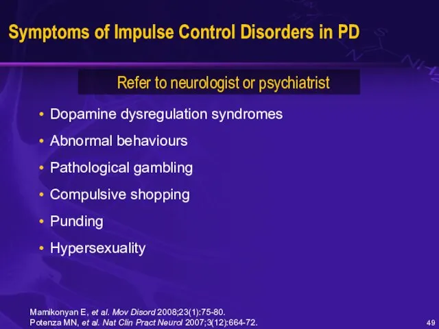 Symptoms of Impulse Control Disorders in PD Dopamine dysregulation syndromes Abnormal behaviours