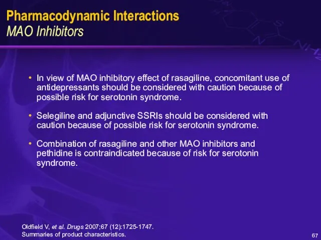Pharmacodynamic Interactions MAO Inhibitors In view of MAO inhibitory effect of rasagiline,