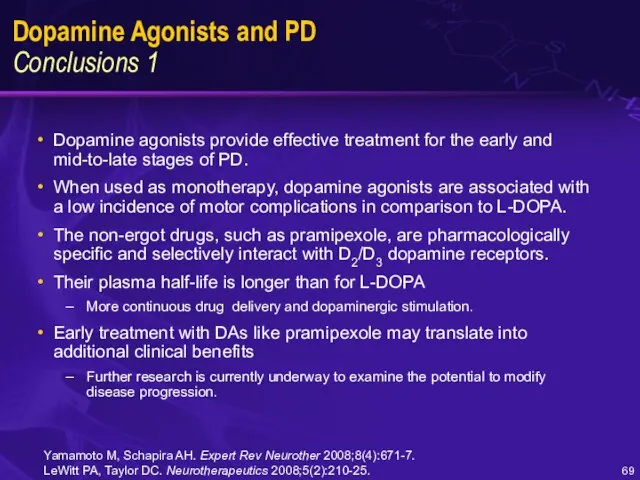 Dopamine Agonists and PD Conclusions 1 Dopamine agonists provide effective treatment for