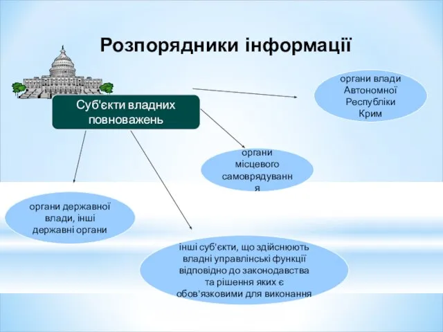 Розпорядники інформації Суб'єкти владних повноважень органи державної влади, інші державні органи інші