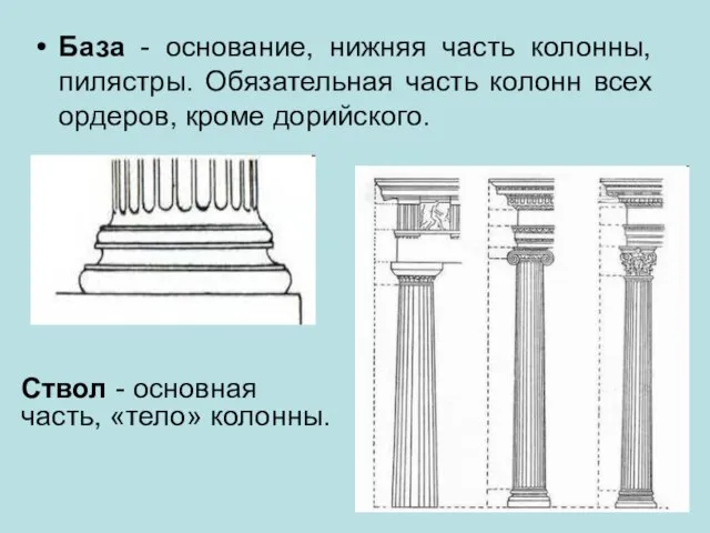 База - основание, нижняя часть колонны, пилястры. Обязательная часть колонн всех ордеров,