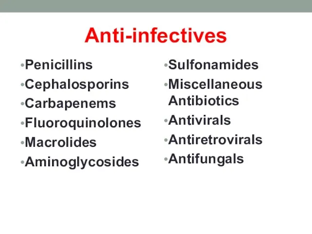 Anti-infectives Penicillins Cephalosporins Carbapenems Fluoroquinolones Macrolides Aminoglycosides Sulfonamides Miscellaneous Antibiotics Antivirals Antiretrovirals Antifungals