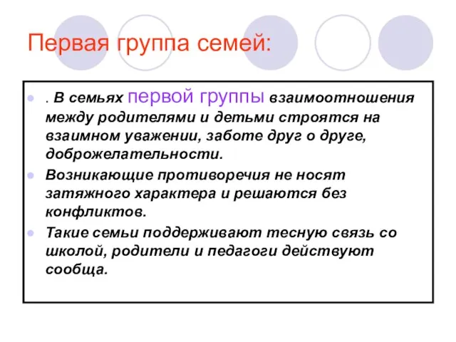 Первая группа семей: . В семьях первой группы взаимоотношения между родителями и