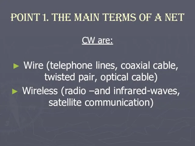 Point 1. The Main terms of a net CW are: Wire (telephone