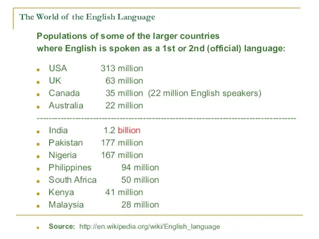 The World of the English Language Populations of some of the larger