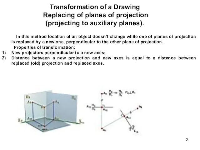 Transformation of a Drawing Replacing of planes of projection (projecting to auxiliary