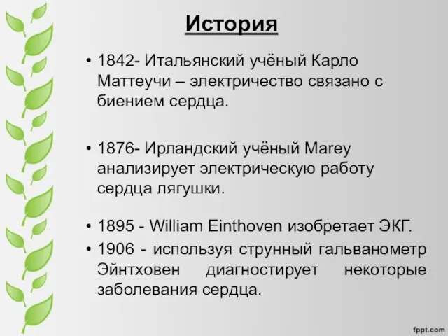 История 1842- Итальянский учёный Карло Маттеучи – электричество связано с биением сердца.