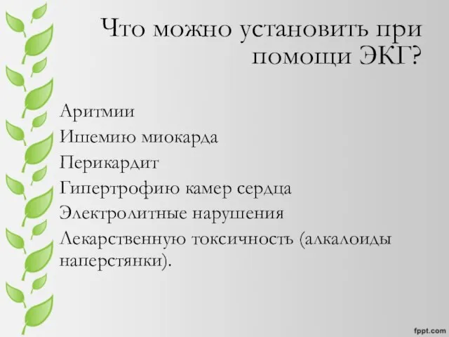 Что можно установить при помощи ЭКГ? Аритмии Ишемию миокарда Перикардит Гипертрофию камер