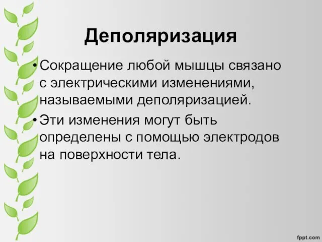 Деполяризация Сокращение любой мышцы связано с электрическими изменениями, называемыми деполяризацией. Эти изменения