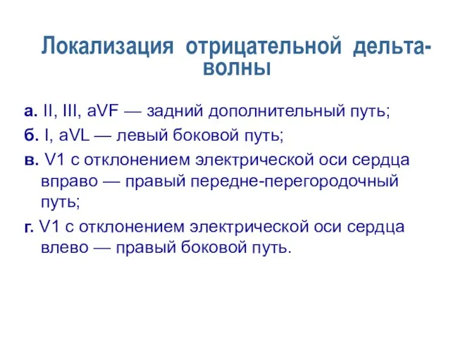 Локализация отрицательной дельта-волны а. II, III, aVF — задний дополнительный путь; б.