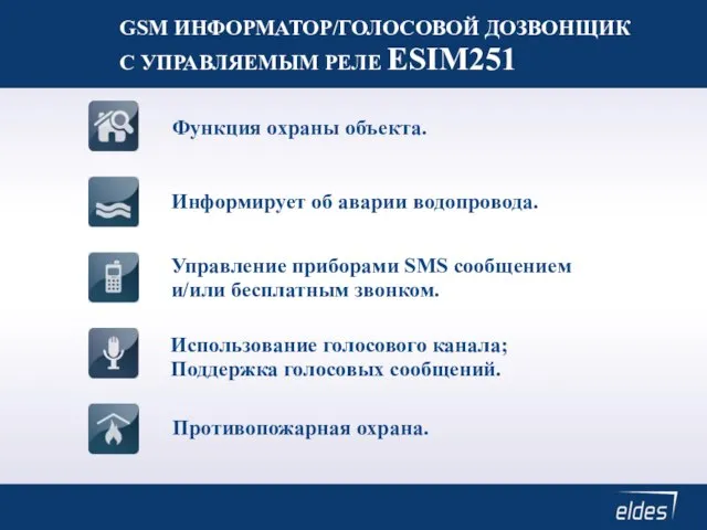 GSM ИНФОРМАТОР/ГОЛОСОВОЙ ДОЗВОНЩИК С УПРАВЛЯЕМЫМ РЕЛЕ ESIM251 Функция охраны объекта. Информирует об