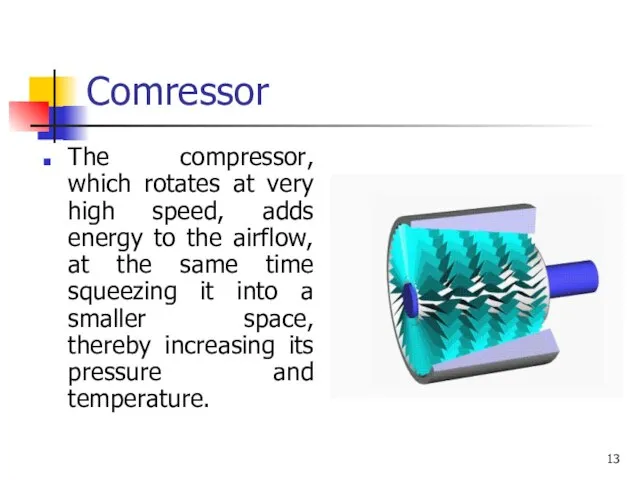 Comressor The compressor, which rotates at very high speed, adds energy to