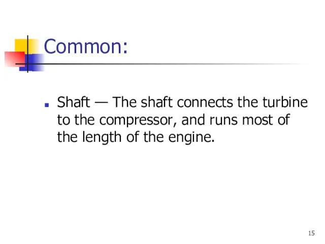 Common: Shaft — The shaft connects the turbine to the compressor, and