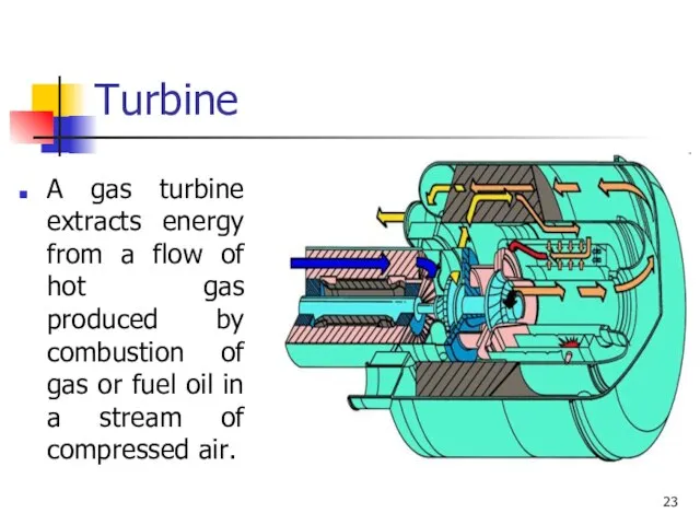 Turbine A gas turbine extracts energy from a flow of hot gas