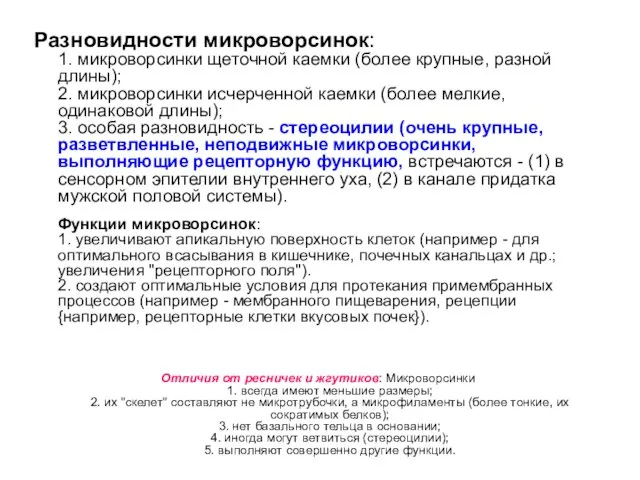 Разновидности микроворсинок: 1. микроворсинки щеточной каемки (более крупные, разной длины); 2. микроворсинки